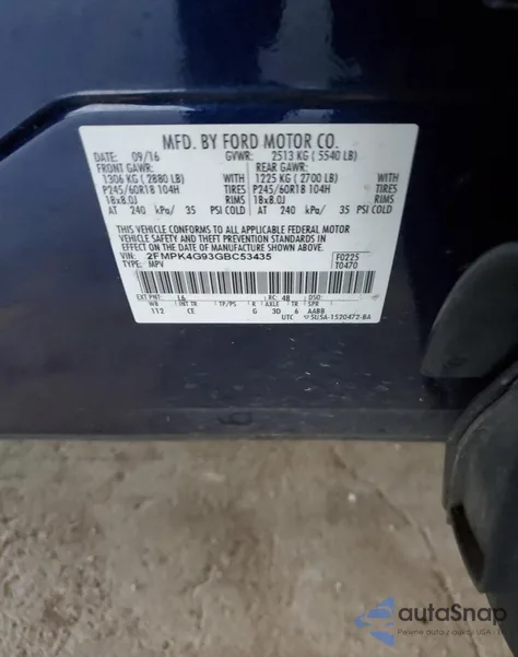 2016 Ford Edge Se z USA, uszkodzony, nr VIN 2FMPK4G93GBC53435